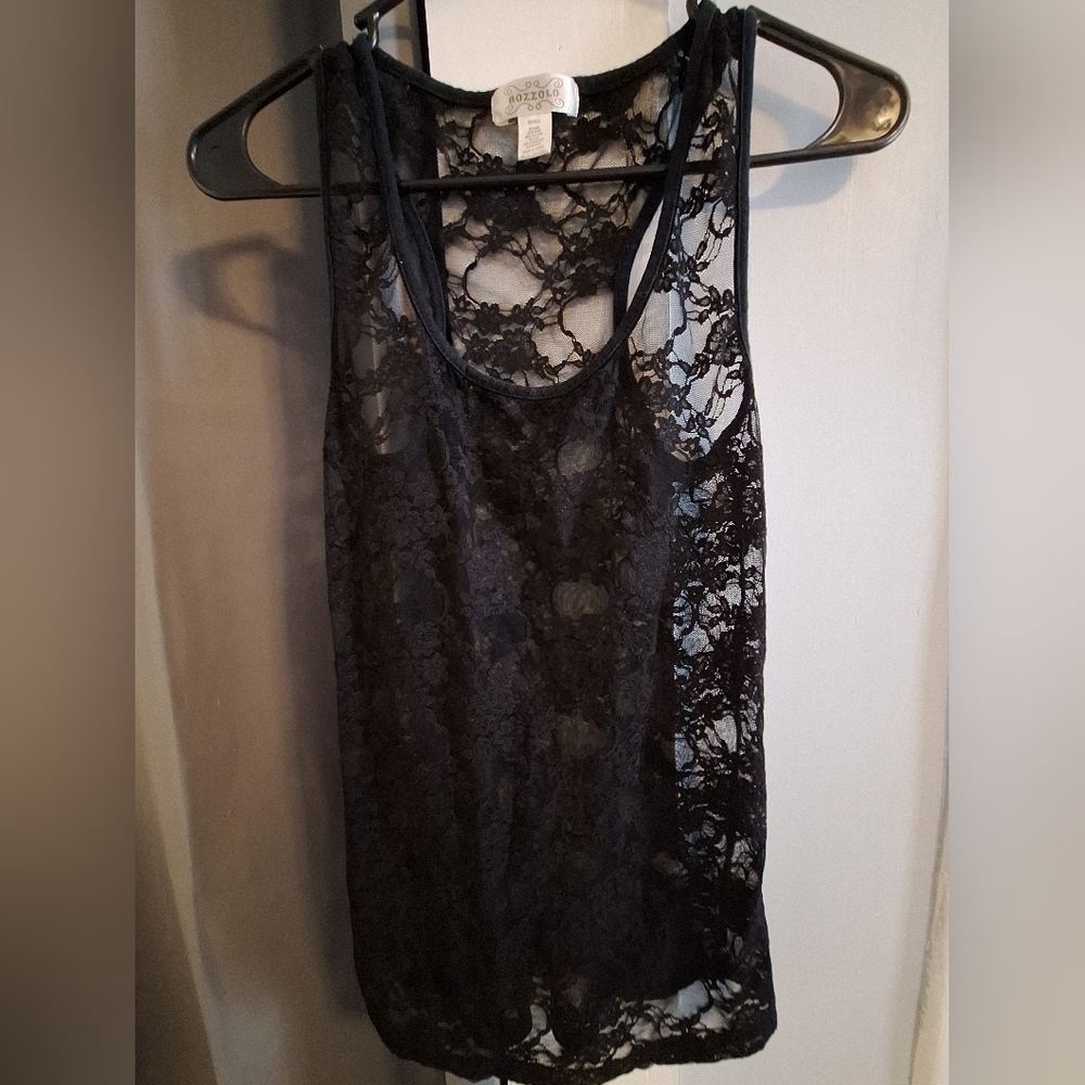 Bozzolo black sheer floweral razor back women's top NWOT